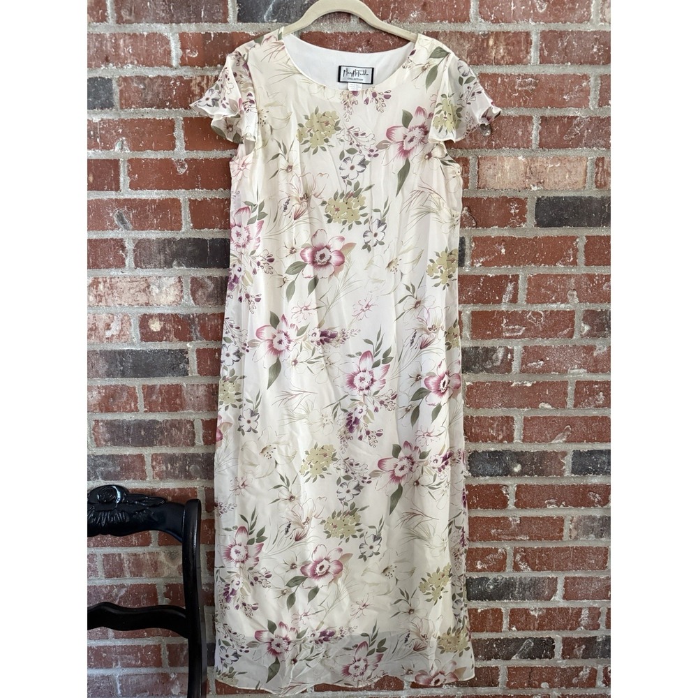 VTG Mary McFadden Womens Dress Size 12 Beige Floral Maxi Cottagecore Prairie